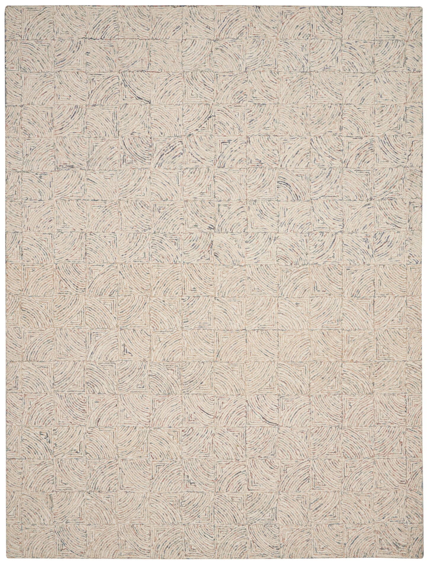 Neutral beige area rug with square panels of subtle swirl patterns in tan & cream; textured, geometric rug for living room.