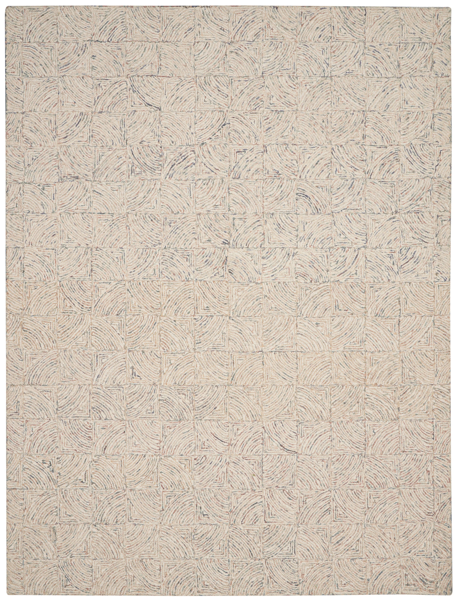 Neutral beige area rug with square panels of subtle swirl patterns in tan & cream; textured, geometric rug for living room.