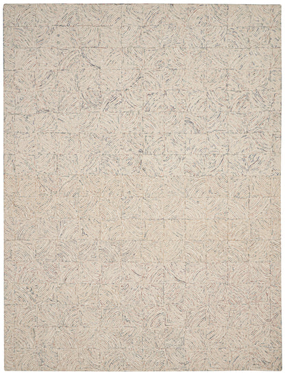 Neutral beige area rug with square panels of subtle swirl patterns in tan & cream; textured, geometric rug for living room.