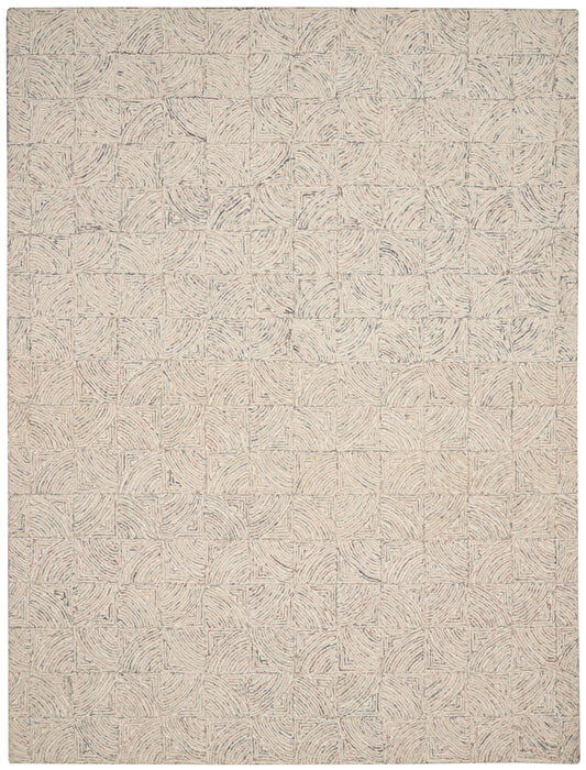 Neutral beige area rug with square panels of subtle swirl patterns in tan & cream; textured, geometric rug for living room.
