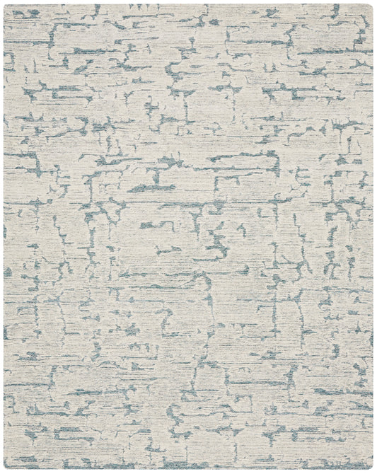 Abstract blue brushstroke pattern rug on ivory background; modern rectangular area rug.