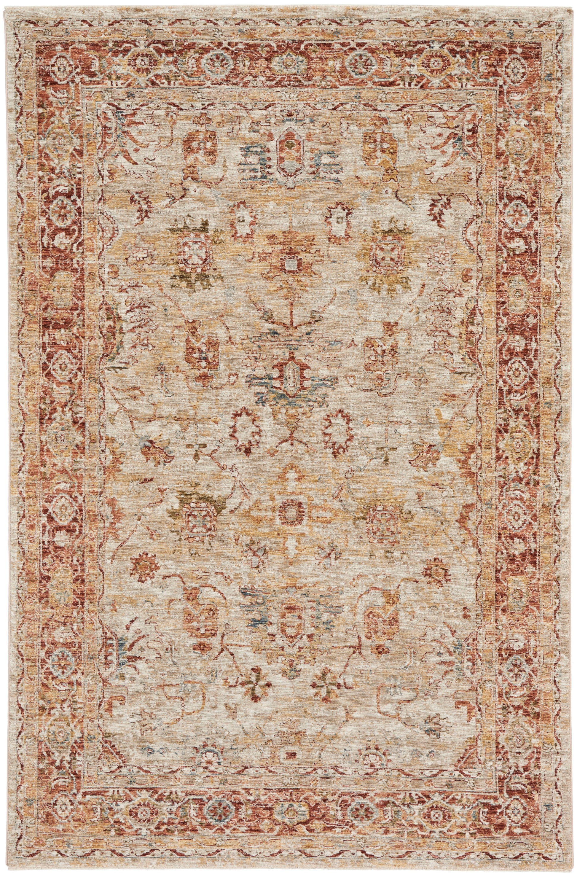 Distressed vintage-style oriental rug with cream field, rust-red border, floral medallions and soft blue accents.