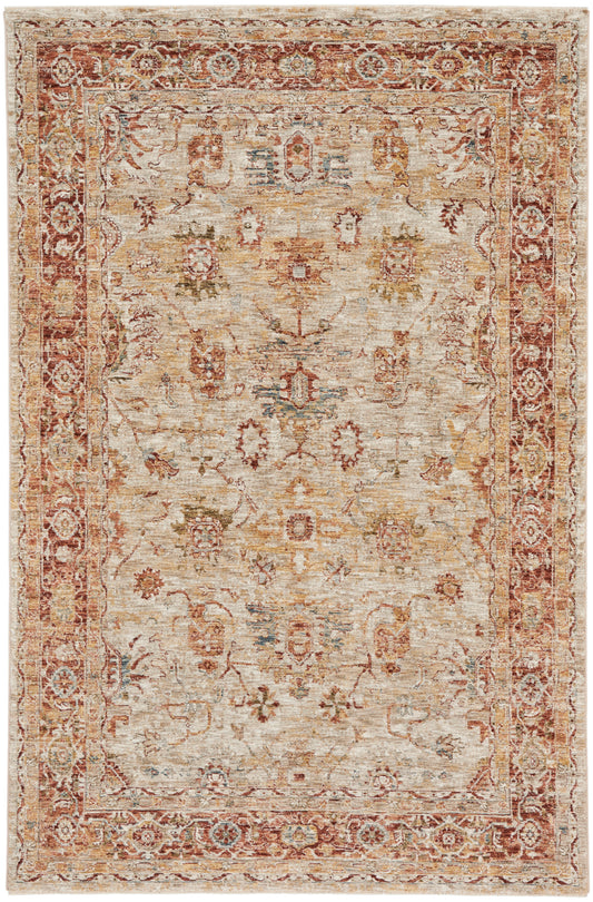 Distressed vintage-style oriental rug with cream field, rust-red border, floral medallions and soft blue accents.