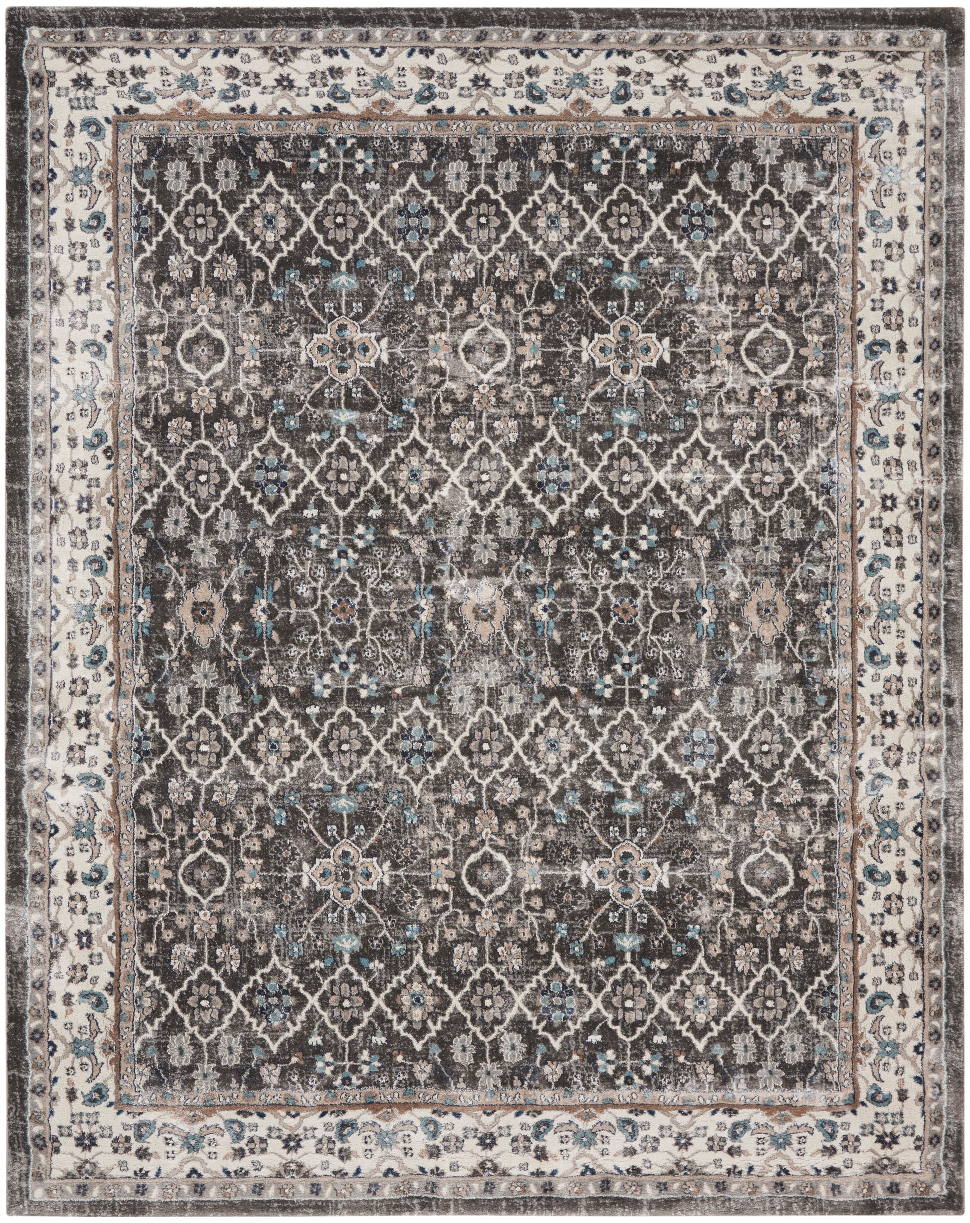 Distressed oriental area rug with dark charcoal field, ivory floral lattice, blue accents, and cream/beige border.
