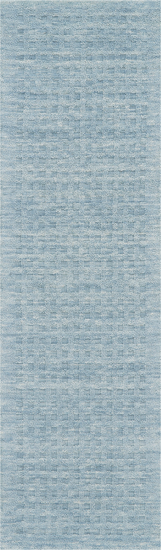 Light blue textured woven rug with a subtle grid pattern; soft, versatile floor decor.