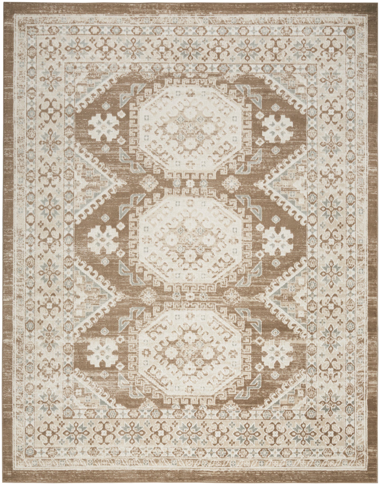 Beige and brown oriental rug with three large central medallions, pale blue accents, and ornate floral border.