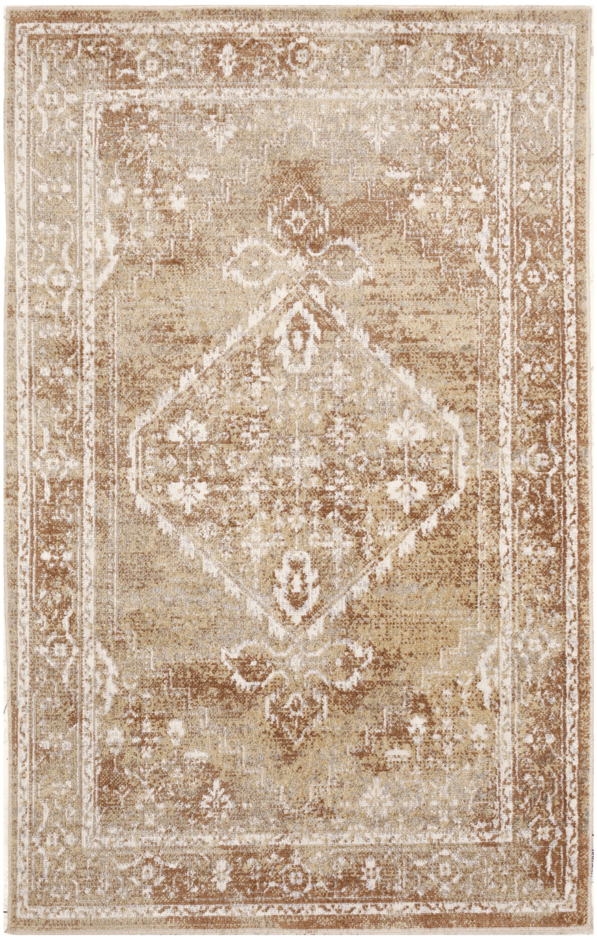 Beige distressed rug with ornate ivory border and central diamond medallion, vintage floral motifs, low-pile look.