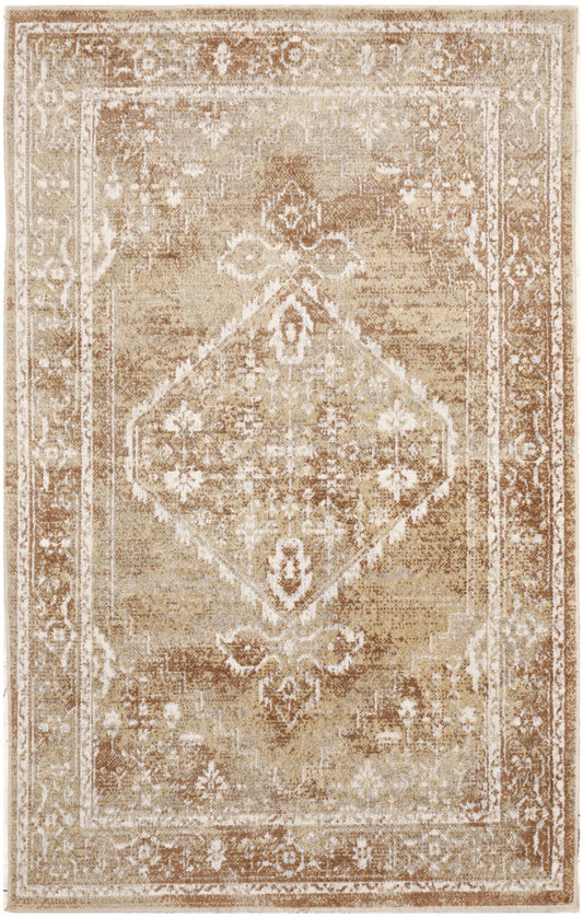 Beige distressed rug with ornate ivory border and central diamond medallion, vintage floral motifs, low-pile look.