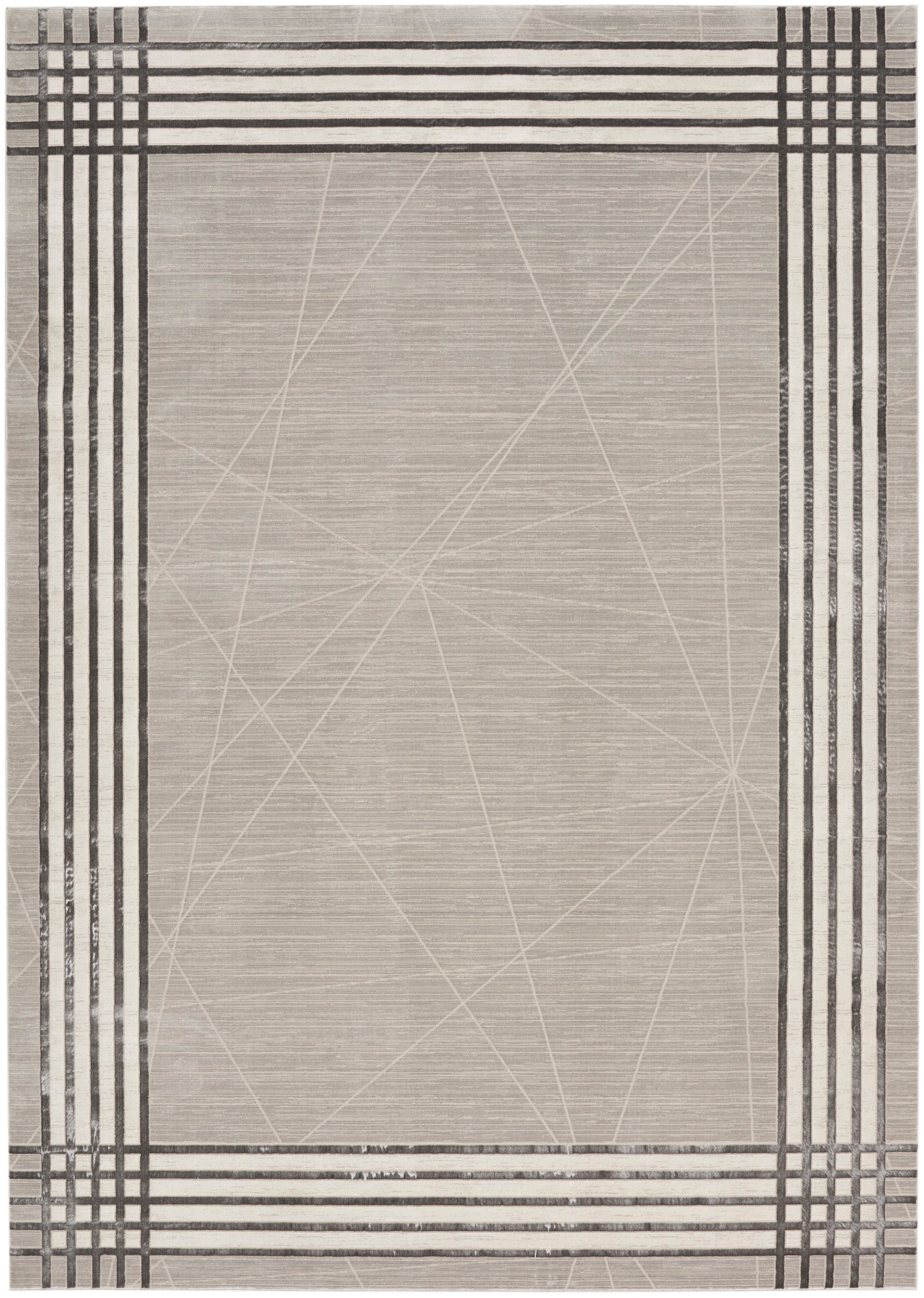 Beige rectangular rug with a dark striped grid border and faint diagonal geometric lines in the center, modern woven style.