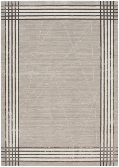 Beige rectangular rug with a dark striped grid border and faint diagonal geometric lines in the center, modern woven style.