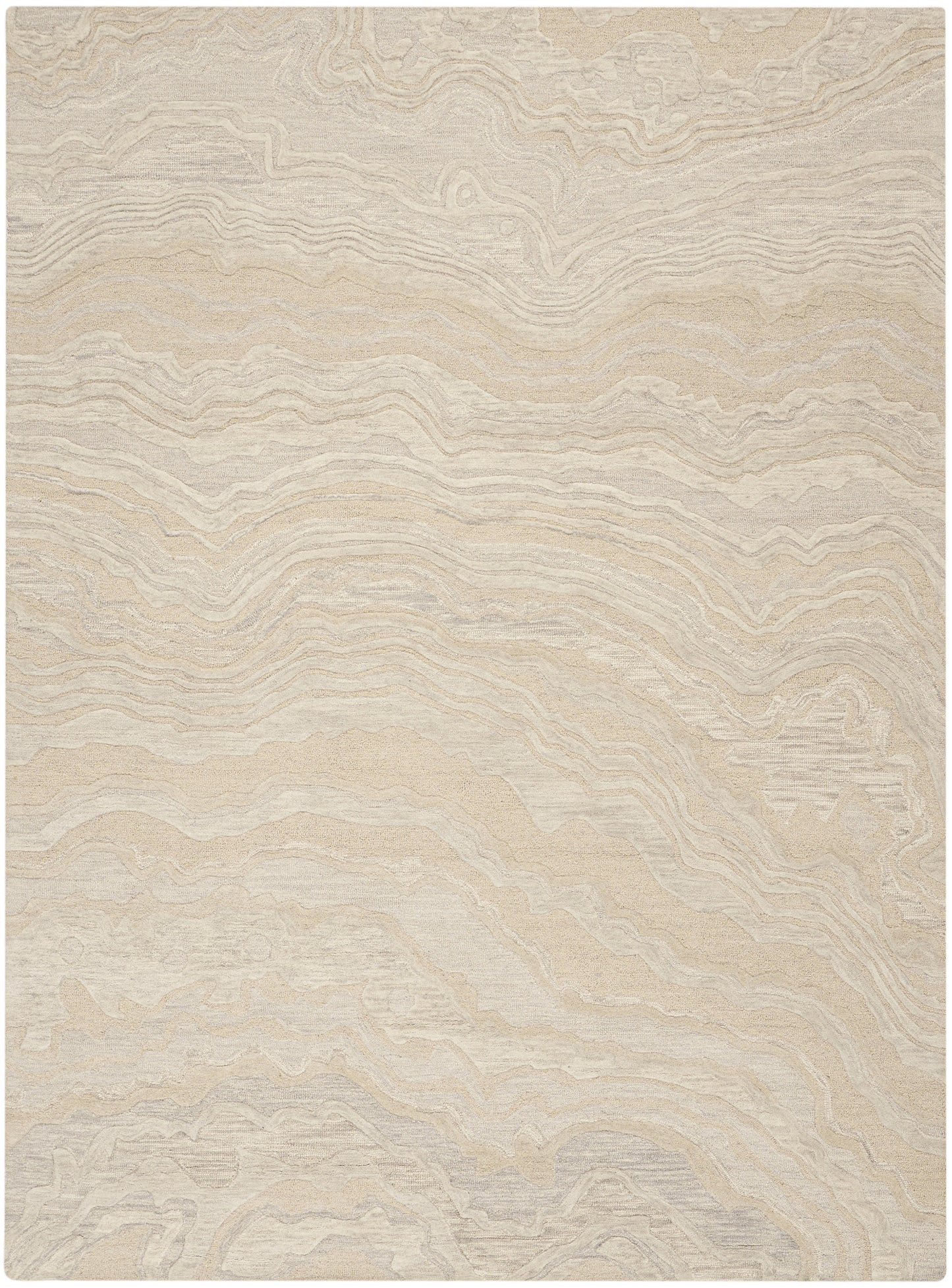 Beige abstract area rug with cream and taupe wavy lines, woodgrain-like pattern for living spaces.