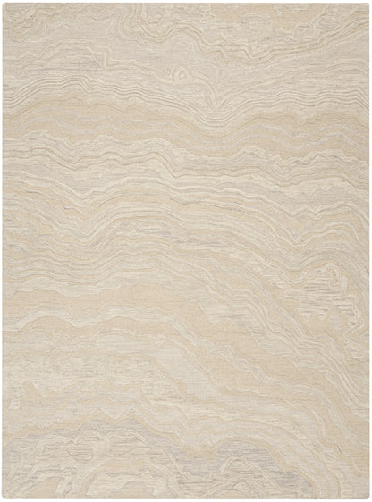 Beige abstract area rug with cream and taupe wavy lines, woodgrain-like pattern for living spaces.