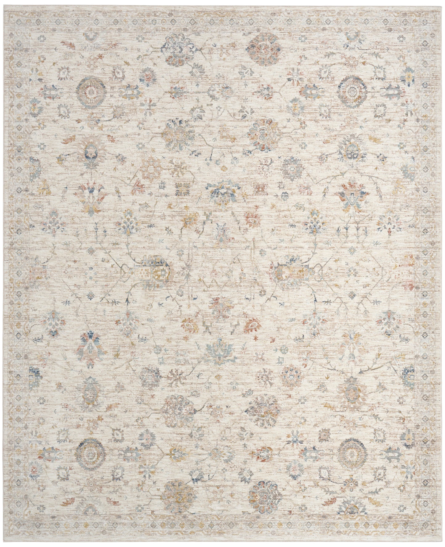 Cream vintage-style area rug with faded floral medallions in pale blue, taupe and gray; rectangular.