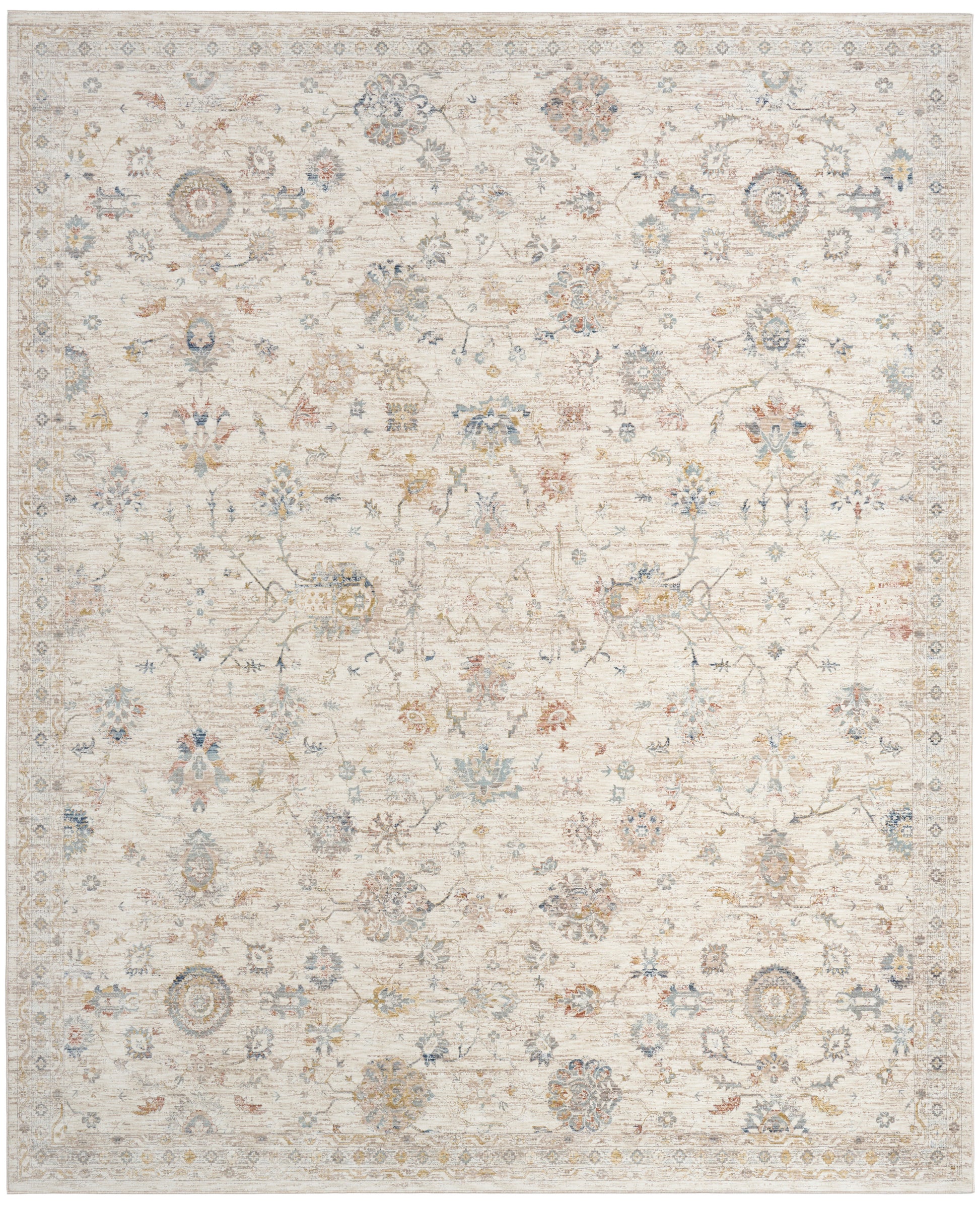 Cream vintage-style area rug with faded floral medallions in pale blue, taupe and gray; rectangular.