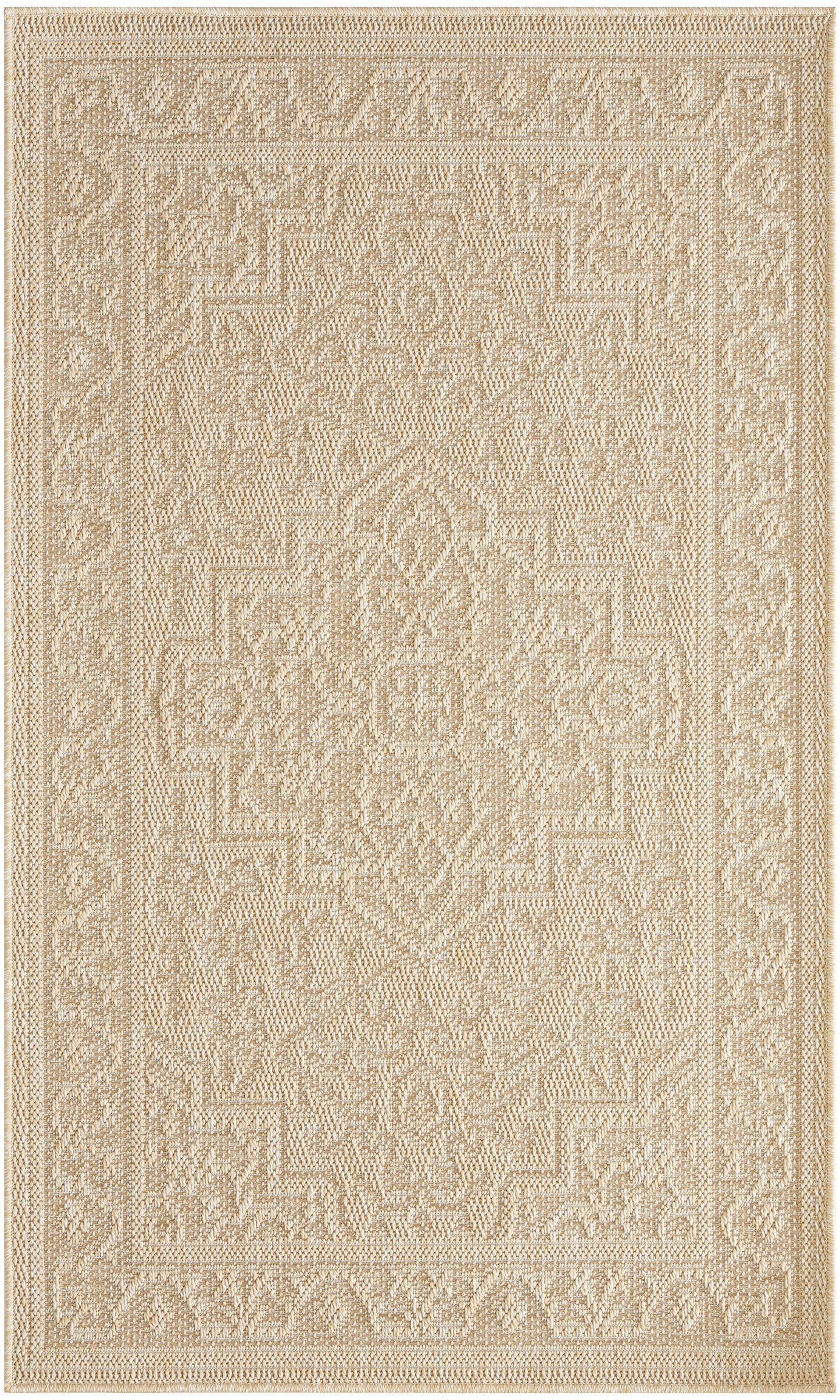 Beige flat-weave area rug with a cream geometric medallion center and decorative border; neutral woven texture.