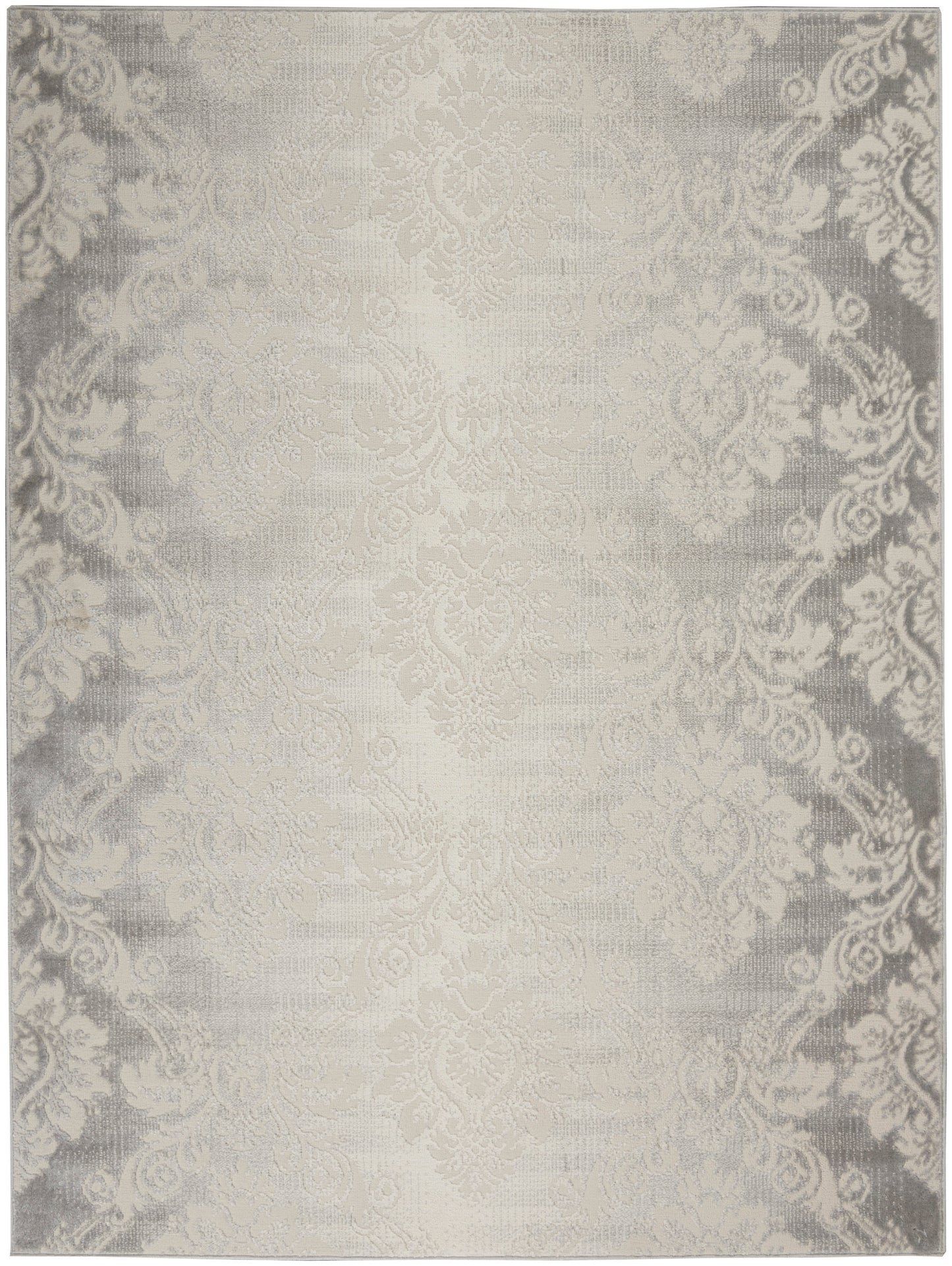 Cream damask rug with subtle gray border, rectangular shape, ornate traditional motif, soft woven texture for living room decor