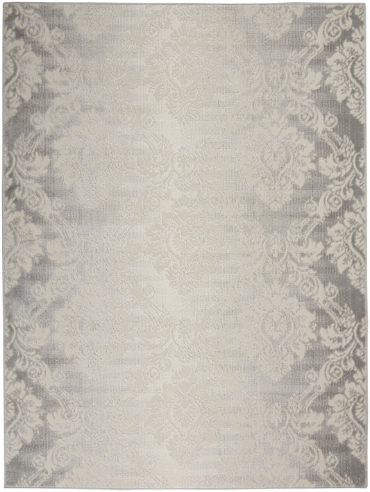 Cream damask rug with subtle gray border, rectangular shape, ornate traditional motif, soft woven texture for living room decor