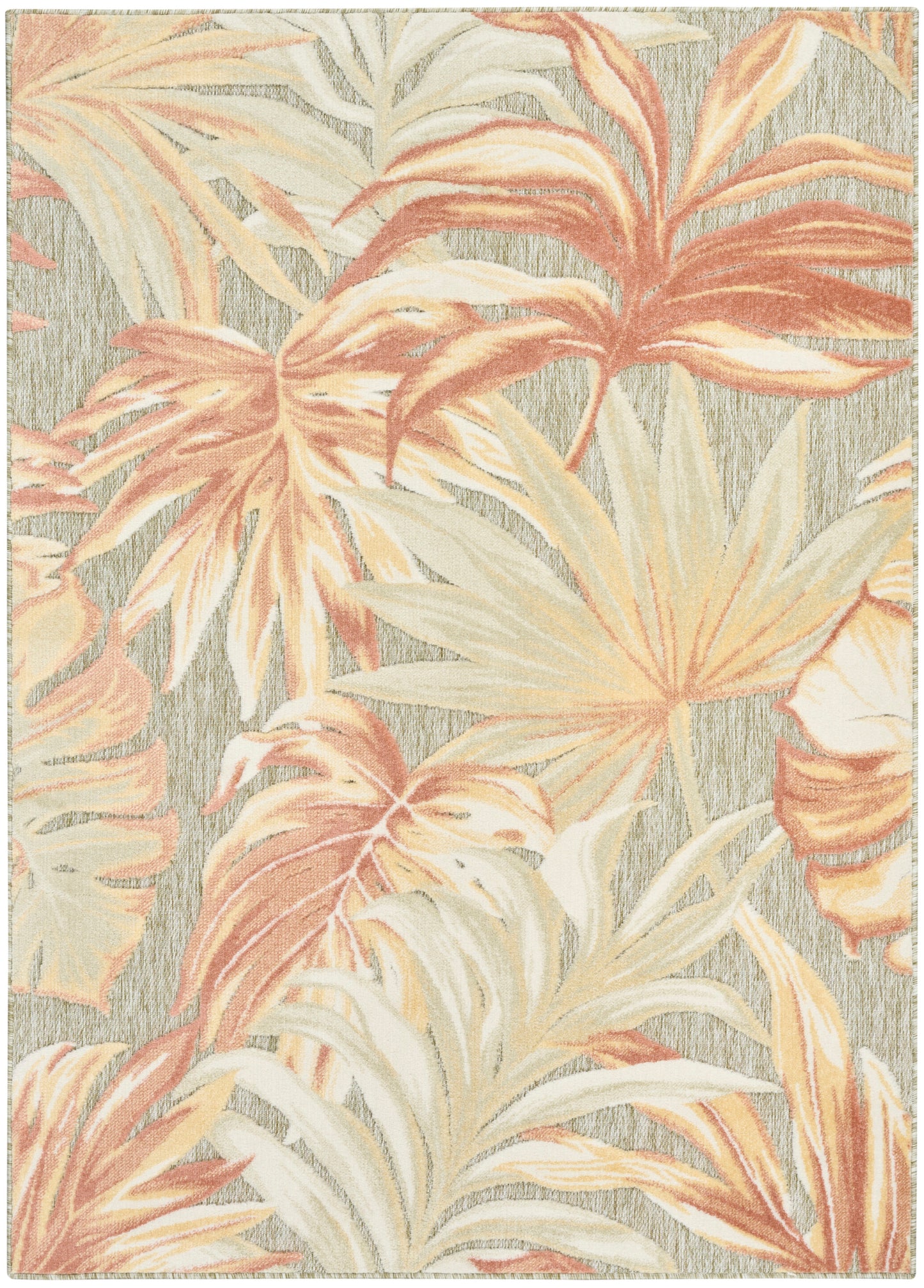 Tropical palm leaf rug in peach, cream, and beige tones on a gray textured backdrop; large botanical pattern.
