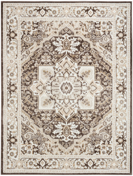 Rectangular beige-brown oriental area rug with central medallion, intricate floral motifs and ornate borders.