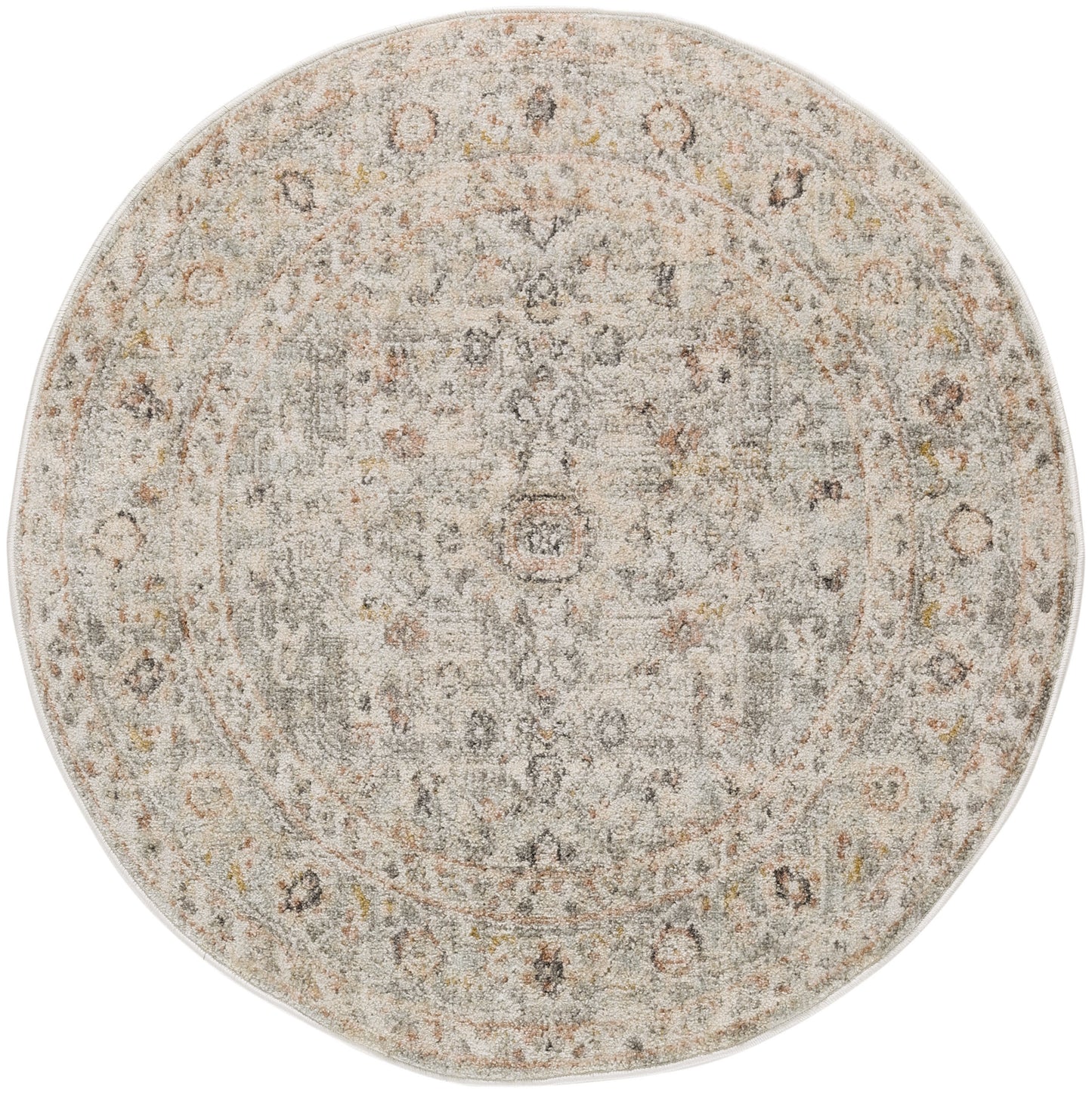 Round distressed oriental rug in beige-gray palette with soft pile and subtle peach accents.