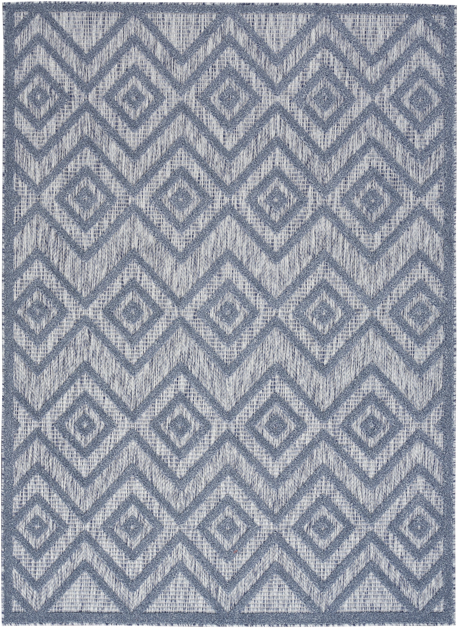 Blue-gray woven rug featuring a repeating diamond lattice pattern with a dark border.