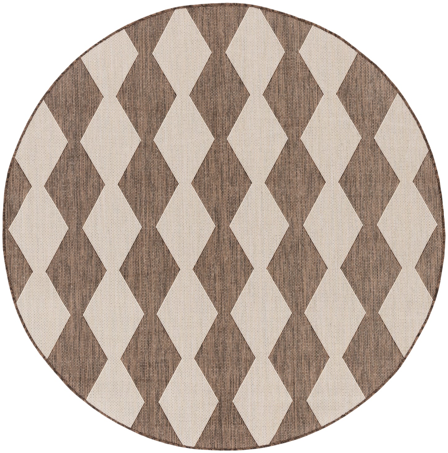 Round rug with beige and brown diamond pattern and woven texture in warm earthy tones.