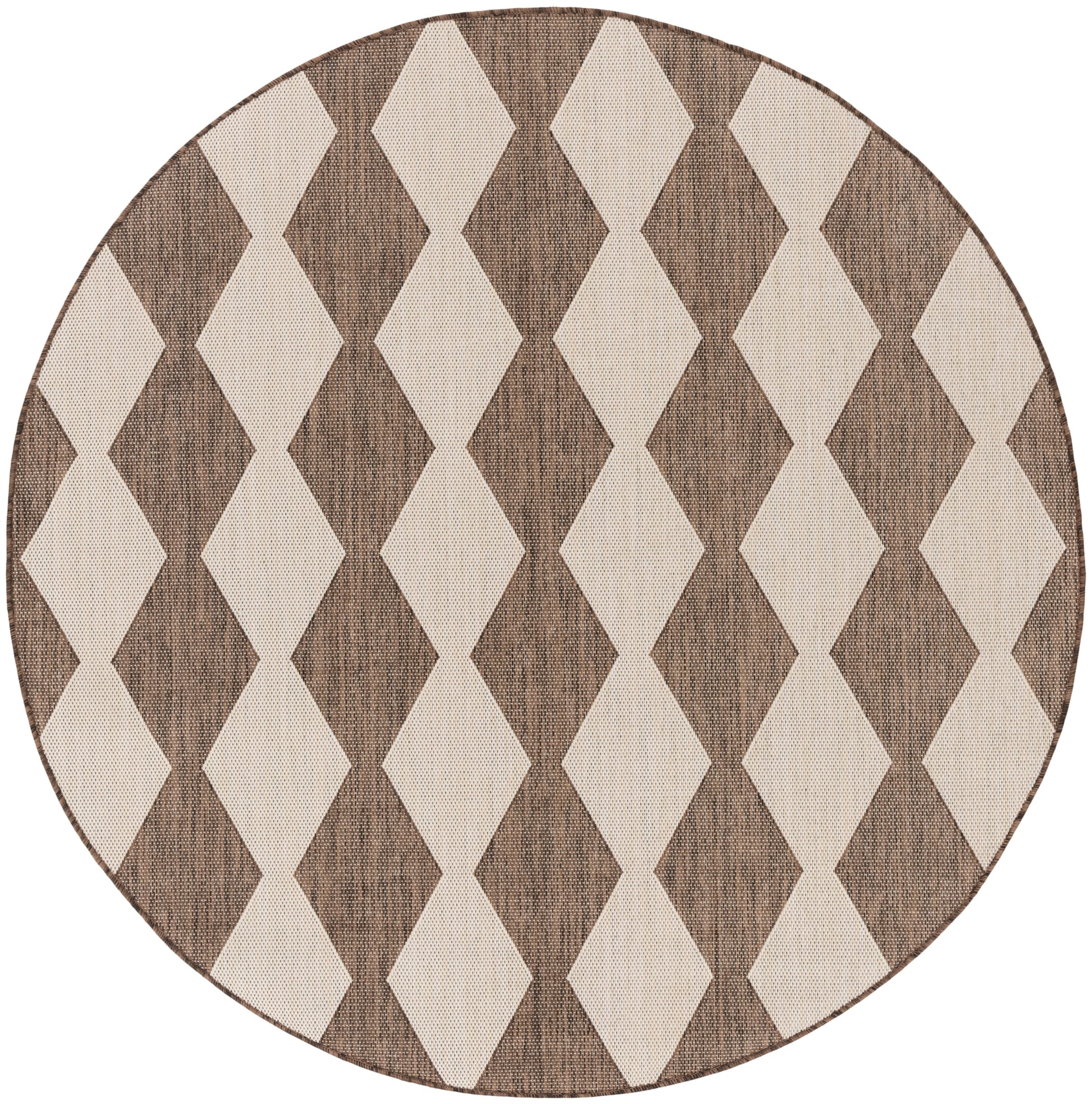 Round rug with beige and brown diamond pattern and woven texture in warm earthy tones.