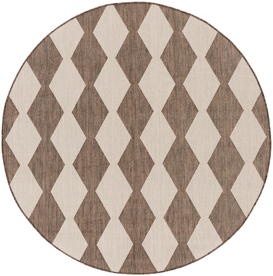 Round rug with beige and brown diamond pattern and woven texture in warm earthy tones.