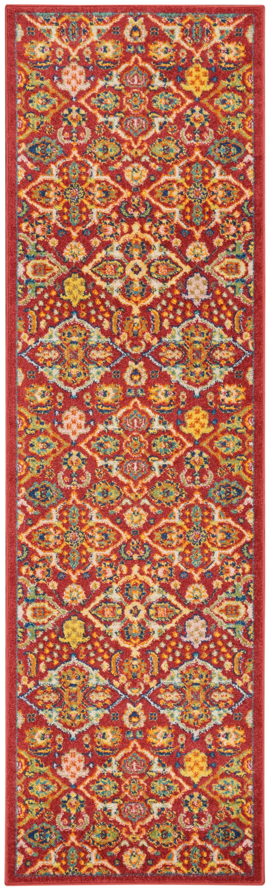 Red Persian-style runner rug with vibrant floral and geometric motifs, bordered in red, ideal hallway decor.