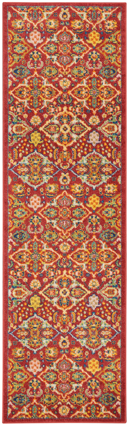 Red Persian-style runner rug with vibrant floral and geometric motifs, bordered in red, ideal hallway decor.