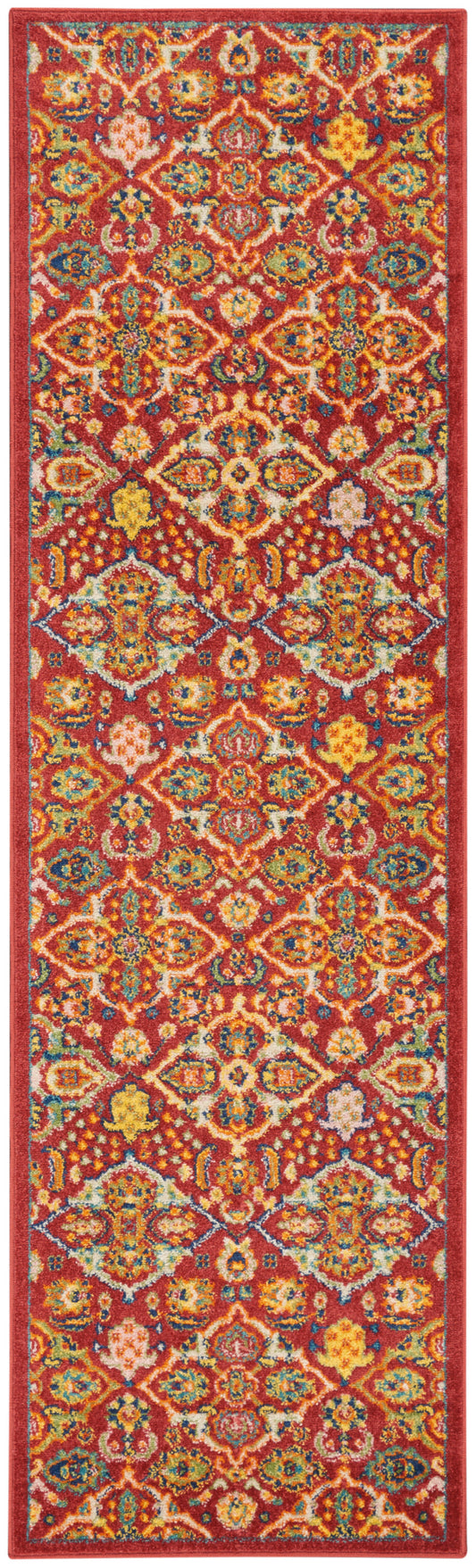 Red Persian-style runner rug with vibrant floral and geometric motifs, bordered in red, ideal hallway decor.