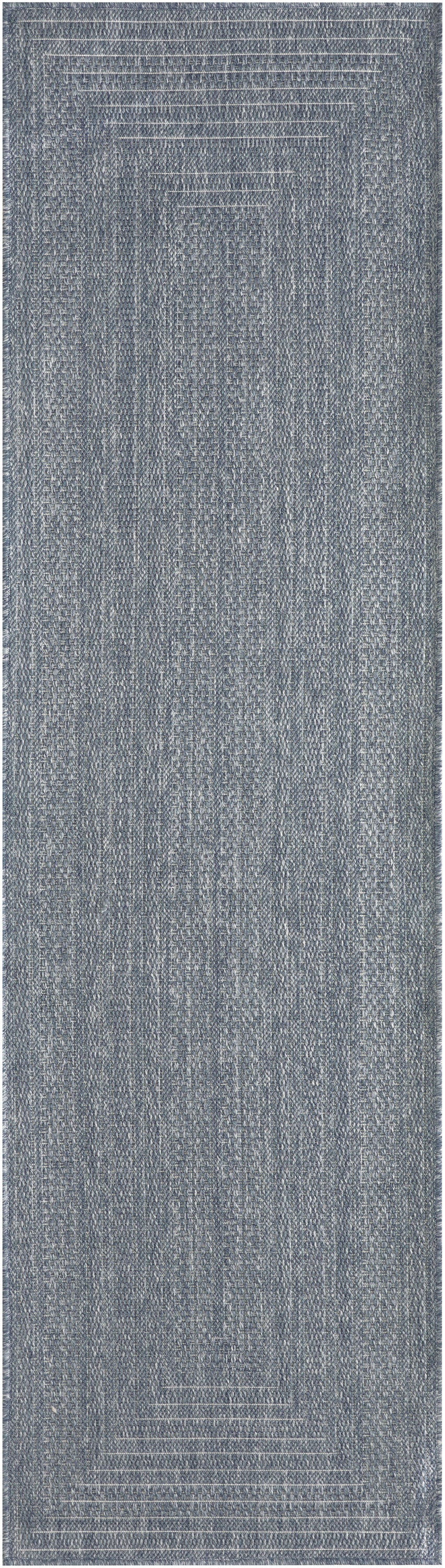 Blue-gray flat-weave rug runner with concentric rectangular borders and textured weave.