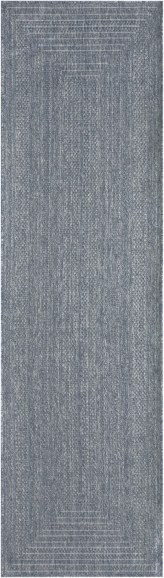 Blue-gray flat-weave rug runner with concentric rectangular borders and textured weave.