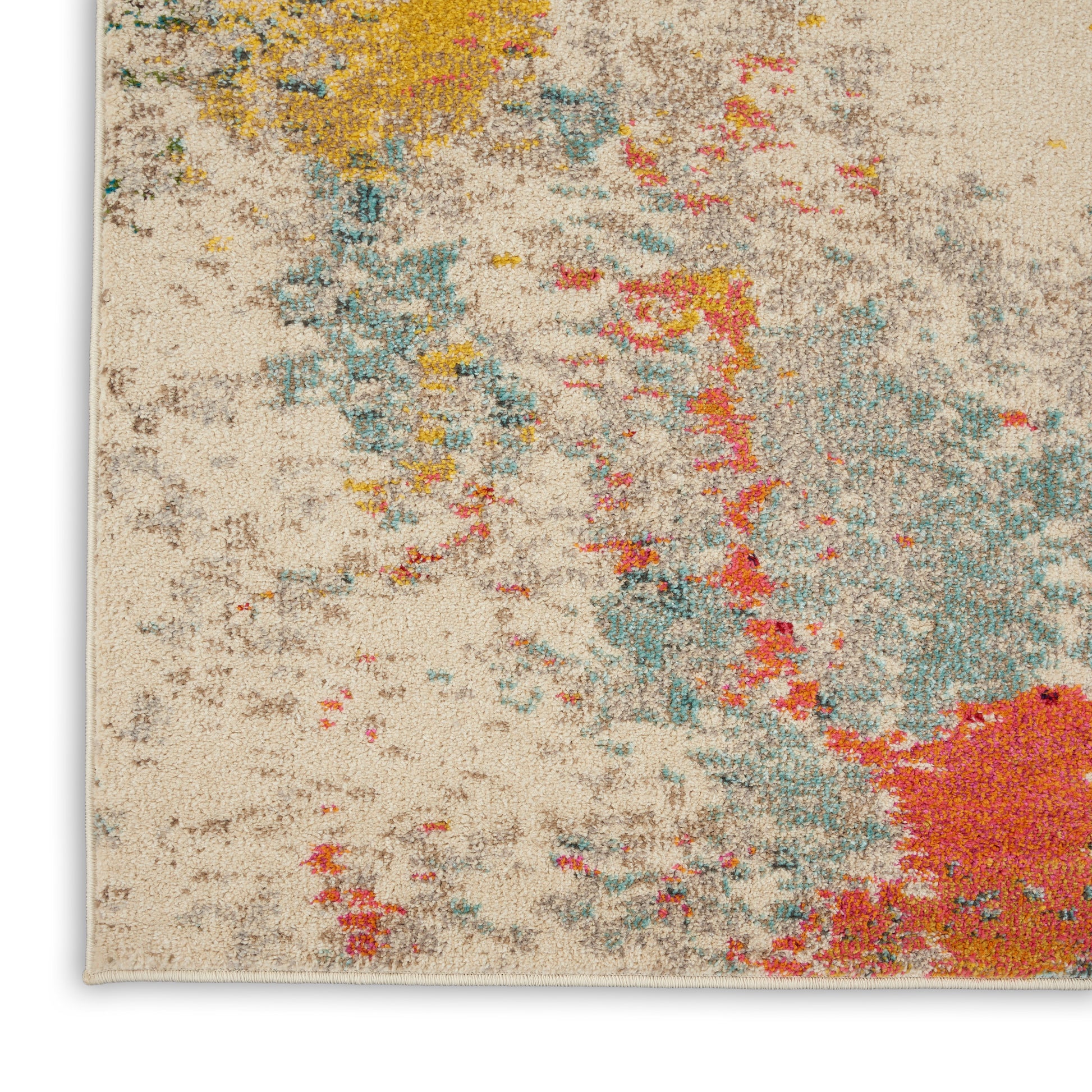 Beige abstract area rug with watercolor-style multicolor blotches in yellow, teal, coral and pink; plush pile.