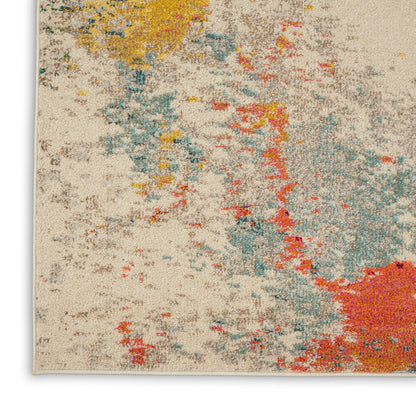 Beige abstract area rug with watercolor-style multicolor blotches in yellow, teal, coral and pink; plush pile.