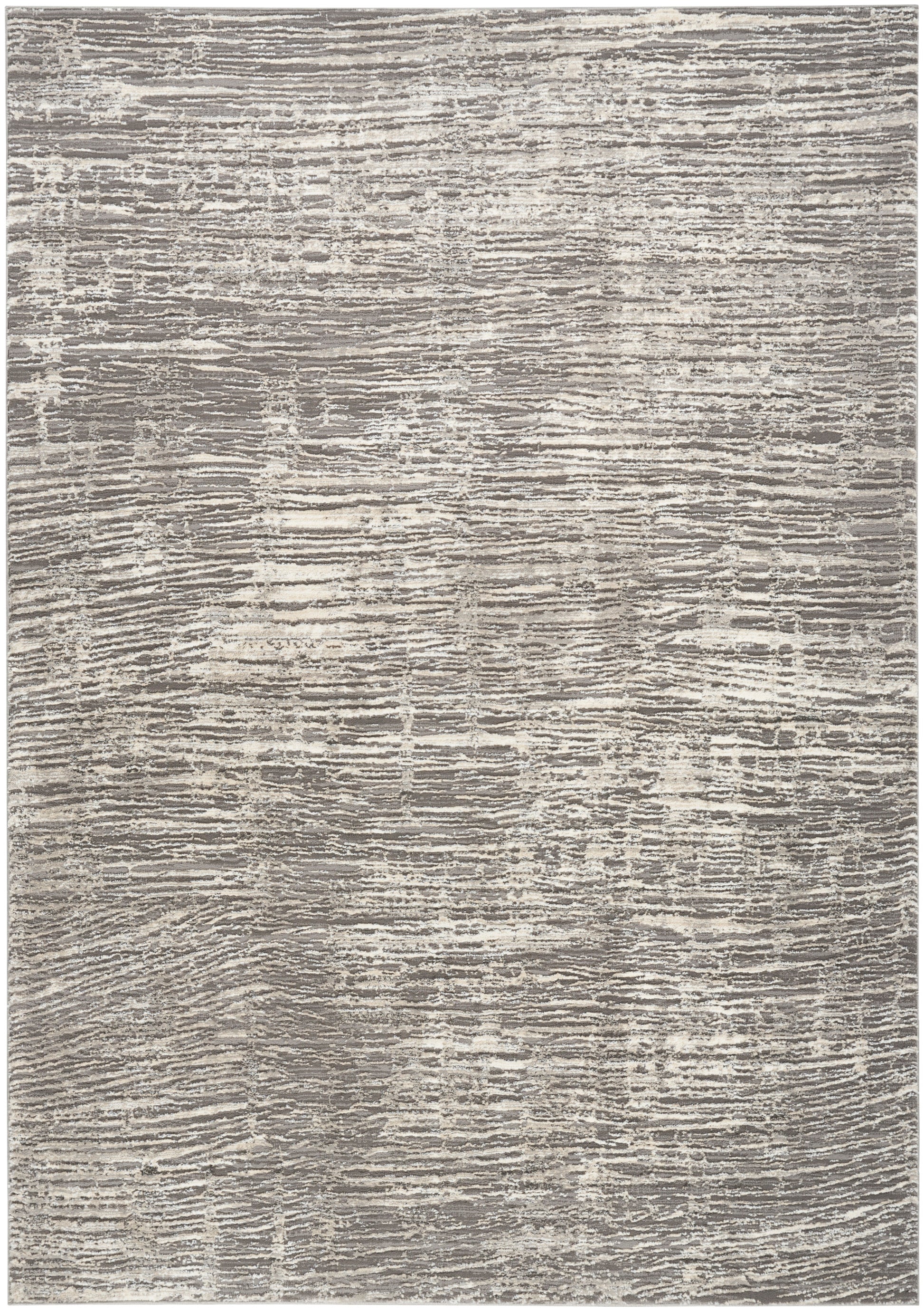 Rectangular grey-beige rug with a distressed, linear abstract pattern for a modern living space.