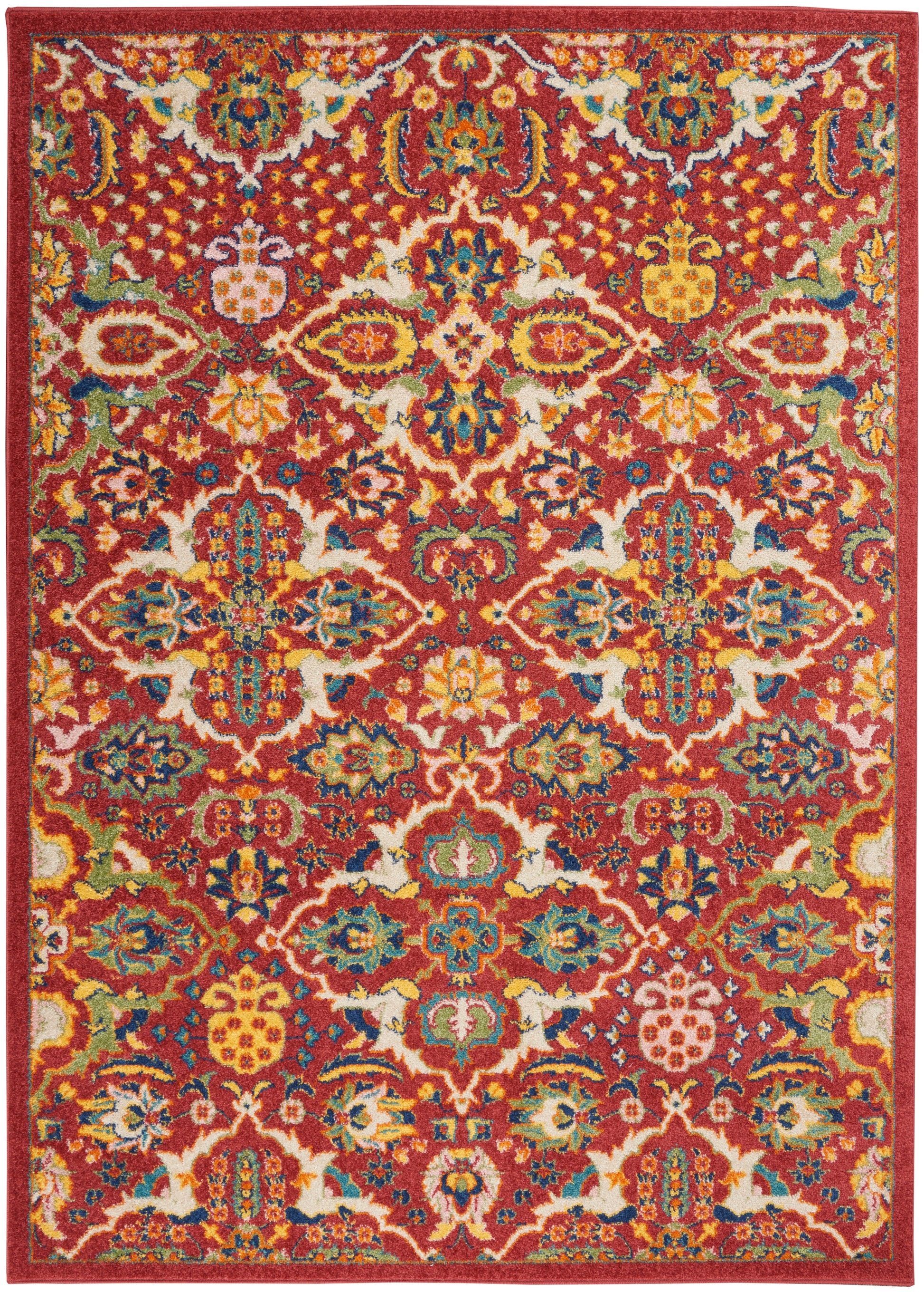 Red ornate area rug with a multicolored floral Persian pattern, blue, gold, cream accents, framed by a solid red border.