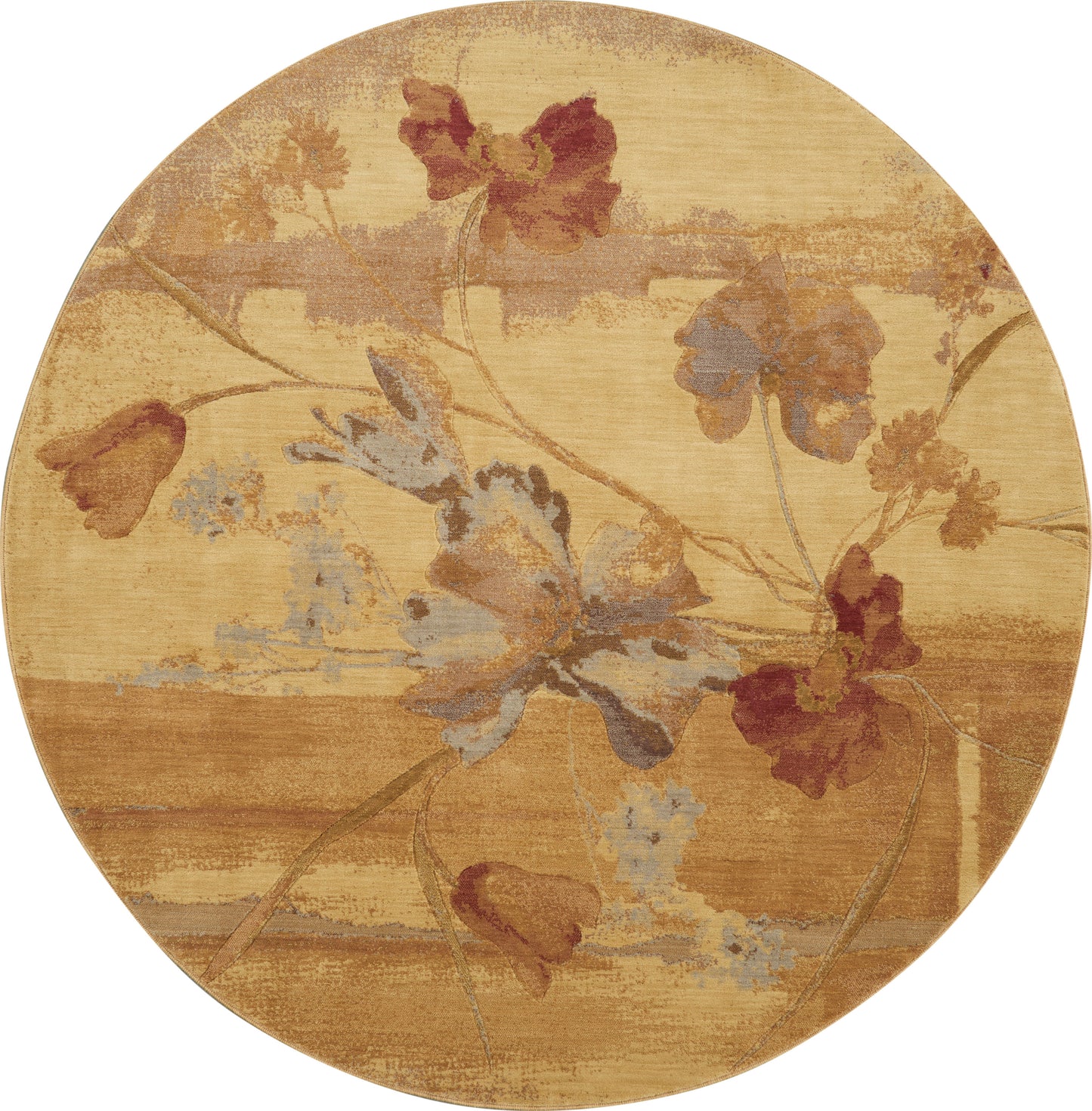Round rug with warm golden beige background and faded blue, burgundy, and brown floral vines.