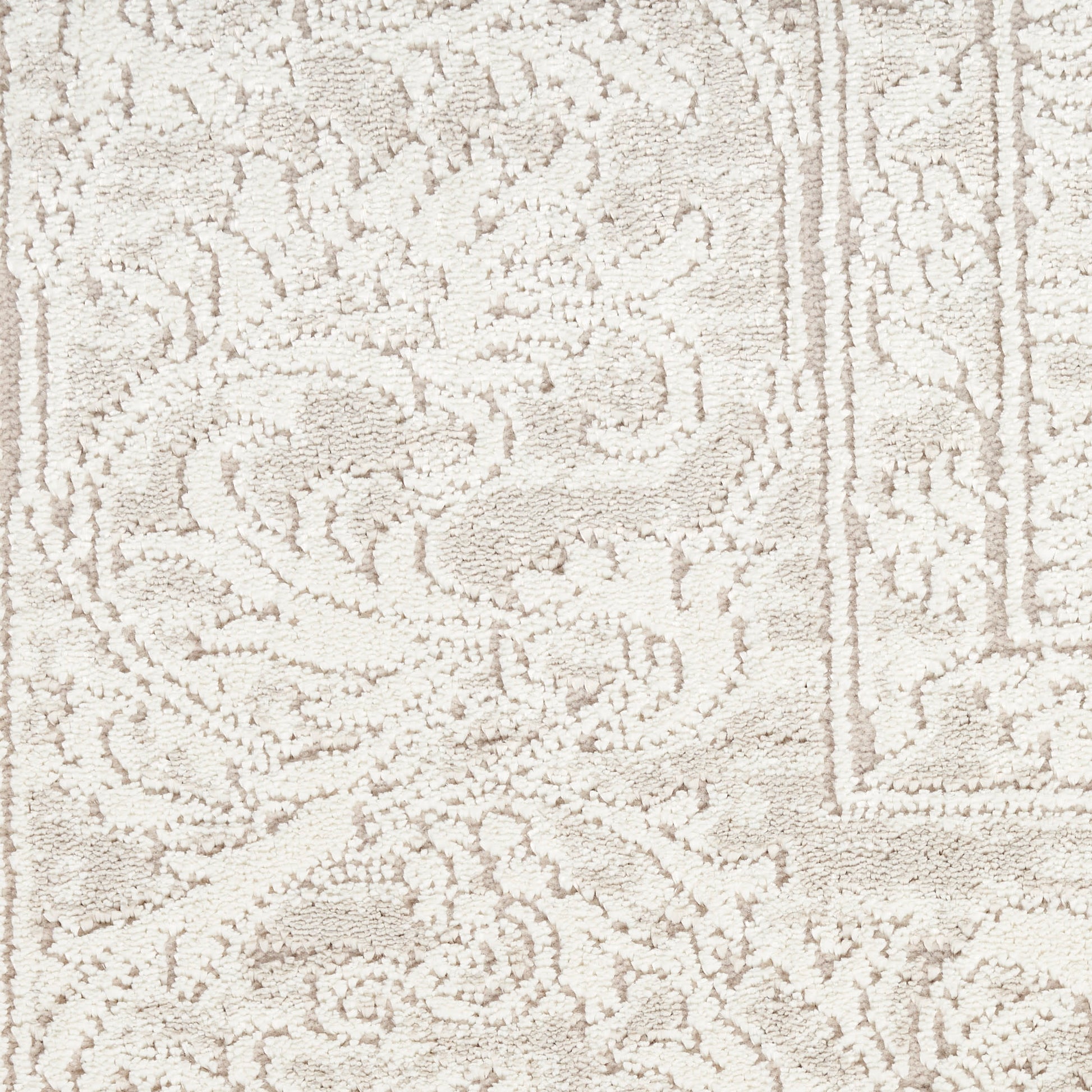 Beige ornate patterned rug with floral motifs & decorative border; plush textured surface.