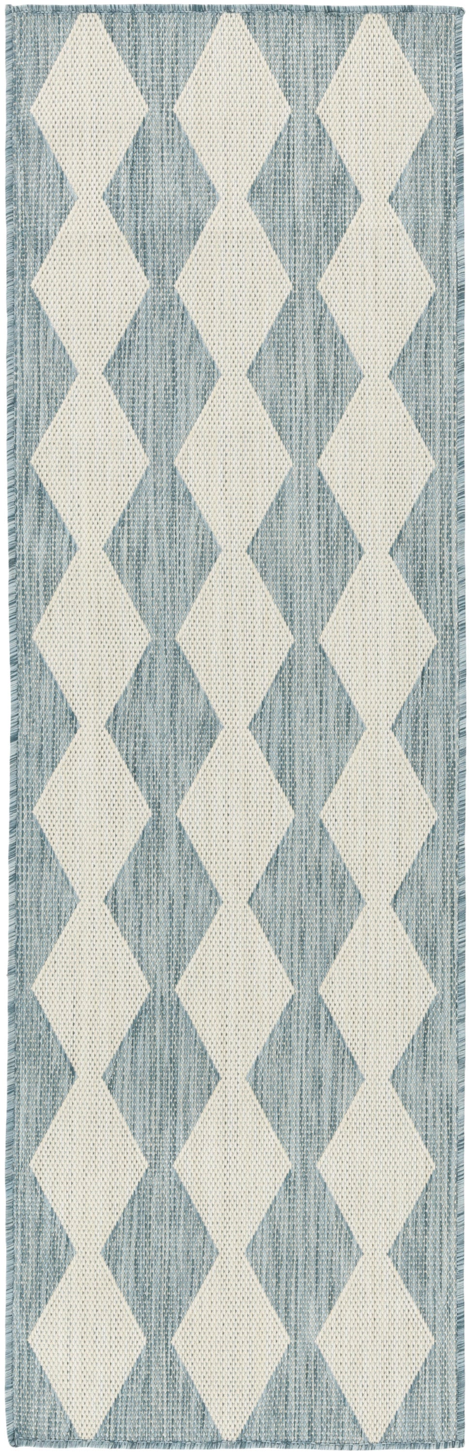 Blue and ivory diamond-patterned woven runner rug with fringed ends; cotton texture, long hallway rug.