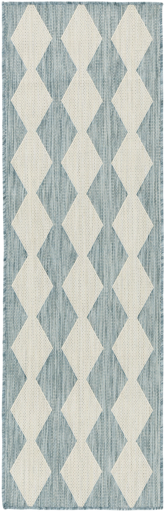 Blue and ivory diamond-patterned woven runner rug with fringed ends; cotton texture, long hallway rug.