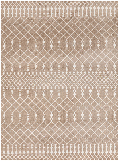 Beige woven rug with white geometric lattice and dot accents in horizontal stripes; boho floor decor.