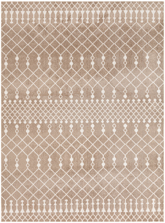 Beige woven rug with white geometric lattice and dot accents in horizontal stripes; boho floor decor.