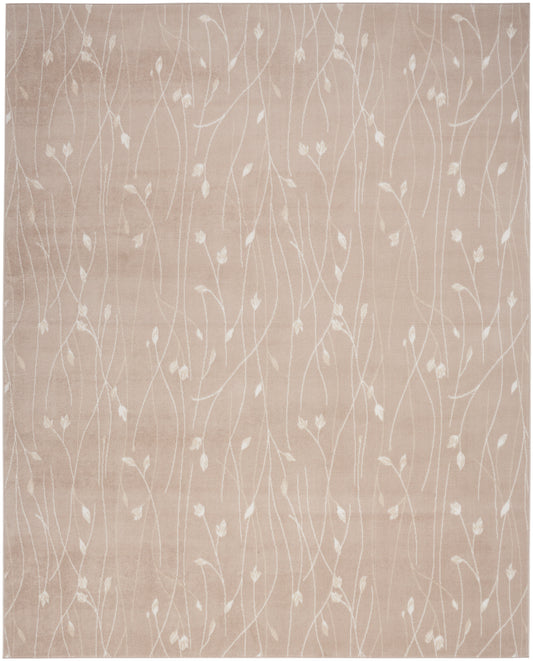 Beige rug with delicate white vine and leaf pattern; soft textured surface, perfect for living room or bedroom.