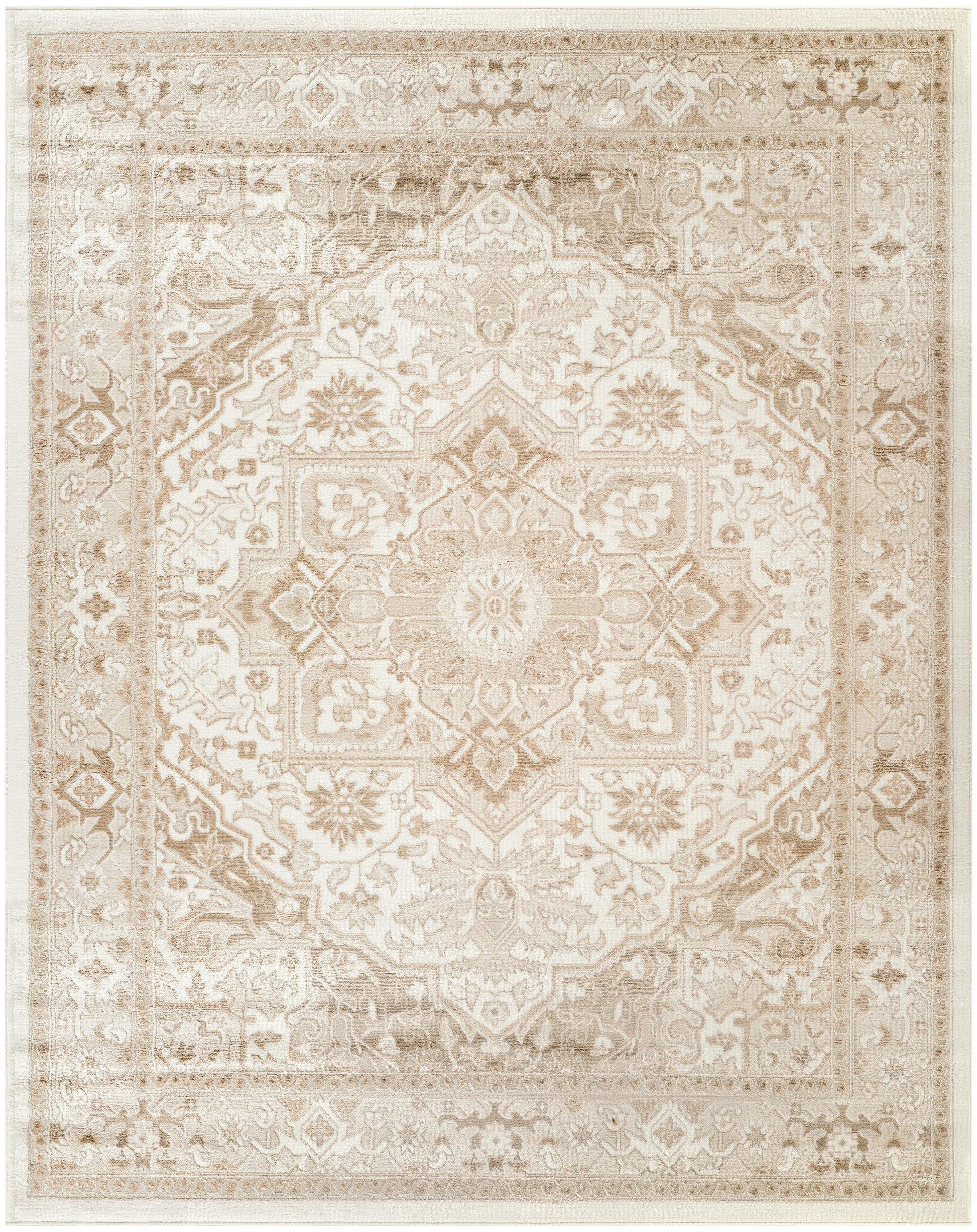 Neutral beige traditional oriental area rug with central medallion, floral border, vintage distressed finish.