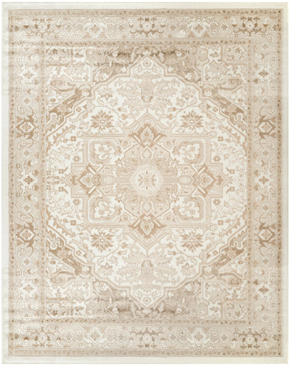 Neutral beige traditional oriental area rug with central medallion, floral border, vintage distressed finish.