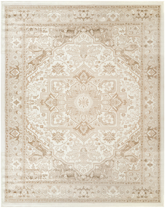 Neutral beige traditional oriental area rug with central medallion, floral border, vintage distressed finish.