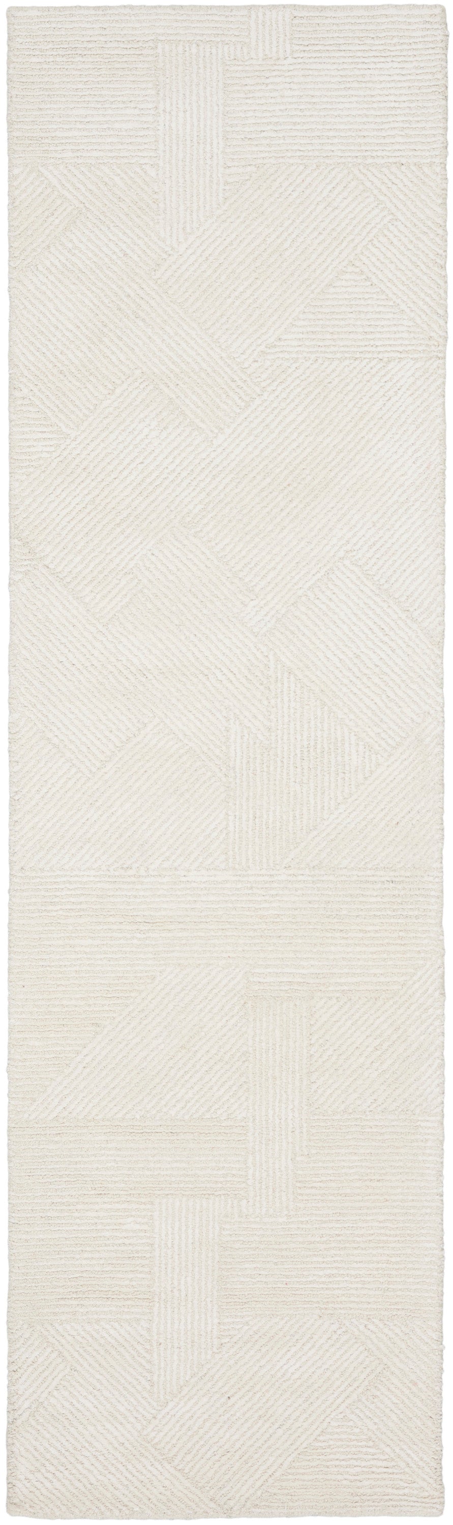 Cream textured rug runner with geometric patchwork of ribbed & striped panels in an abstract rectangle layout.