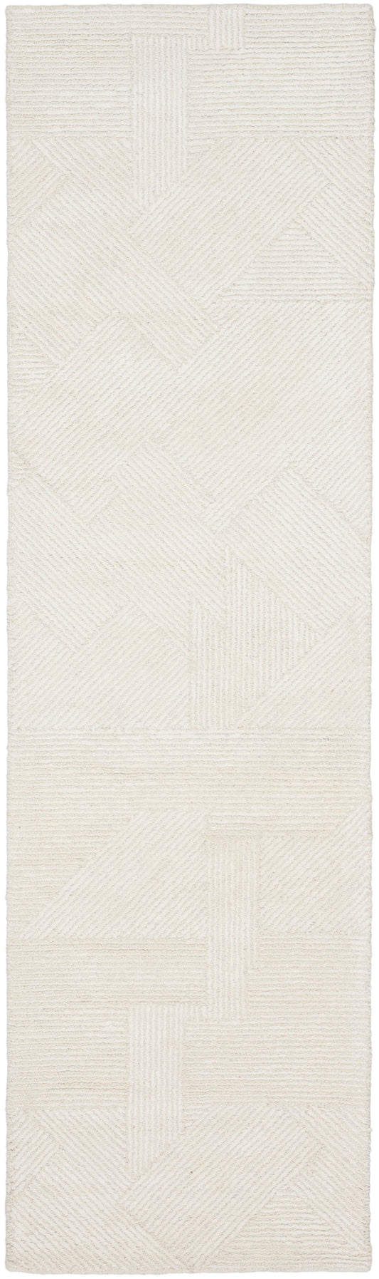Cream textured rug runner with geometric patchwork of ribbed & striped panels in an abstract rectangle layout.