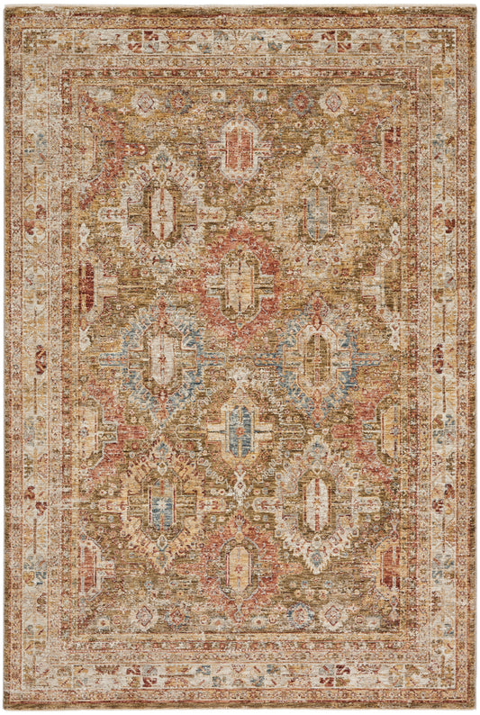 Distressed traditional oriental rug in beige, tan, rust & blue with geometric medallions & ornate border.